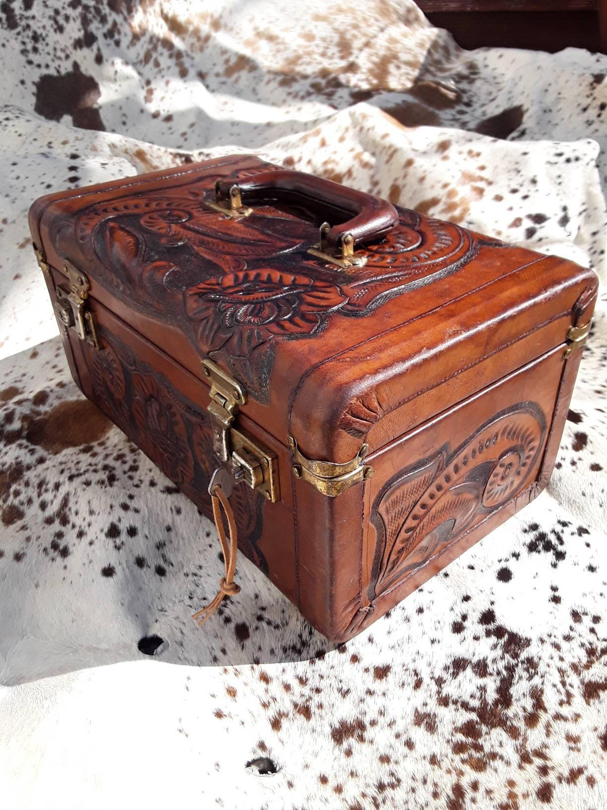 Vintage Tooled Leather Train Case with Key!