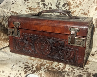 アンティークジュエリーボックス John Perry Ltd. Vintage Antique John Perry Ltd Leather Tooled Gold Trim Jewellery