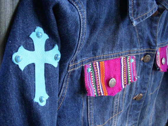 Custom Embellishment Serape Denim Jacket with Turquoise Crosses