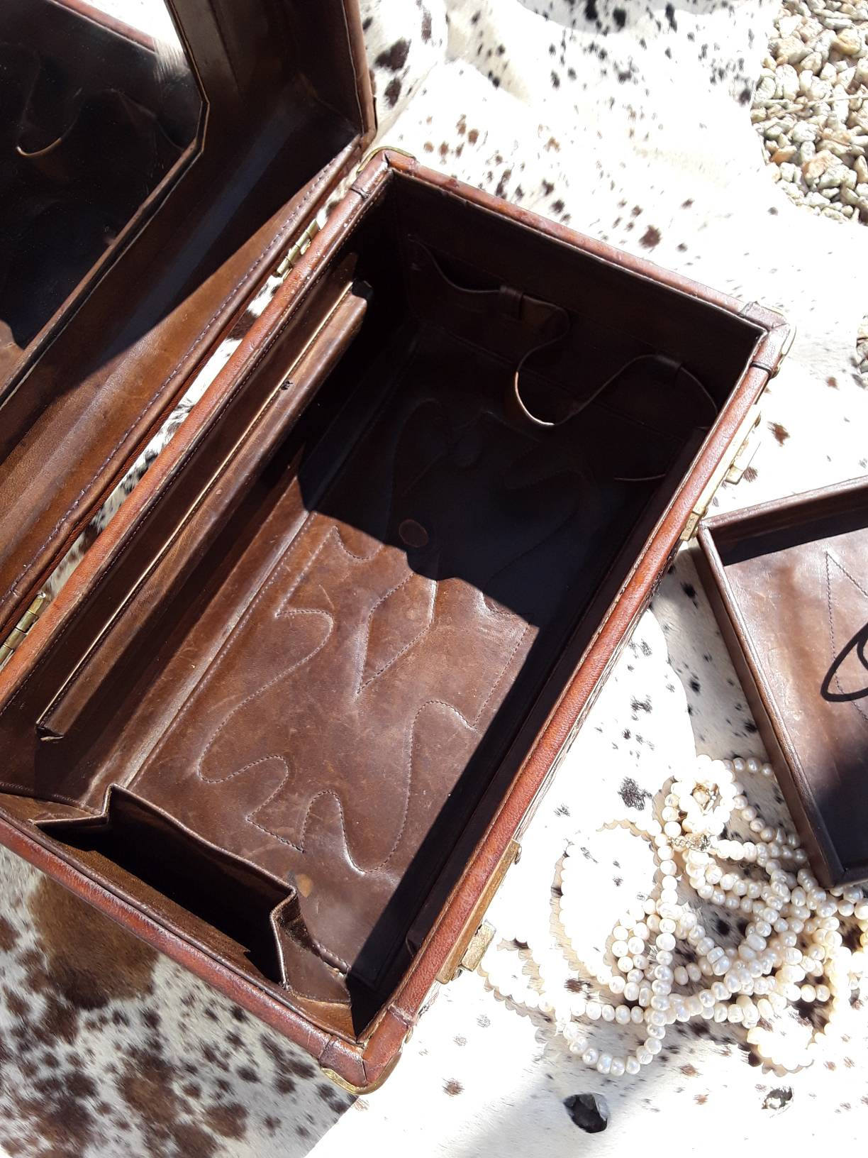 Vintage Tooled Leather Train Case with Key!