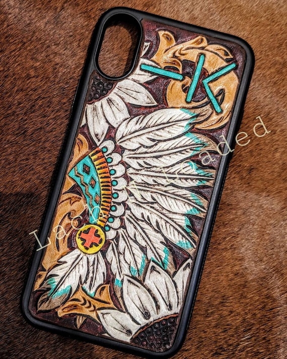 Custom Tooled leather Native American Headdress  phone case