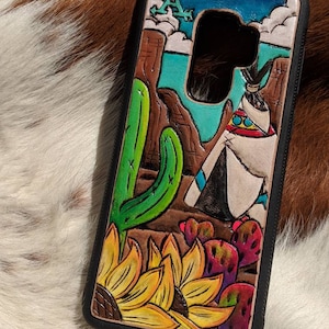 Custom Tooled Leather Cell Phone Case with Tepee and Cacti