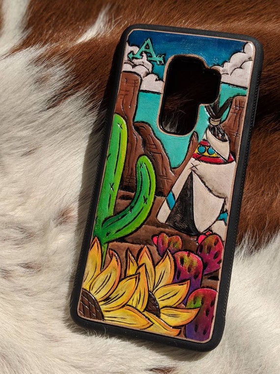 Custom Tooled Leather Cell Phone Case with Tepee and Cacti