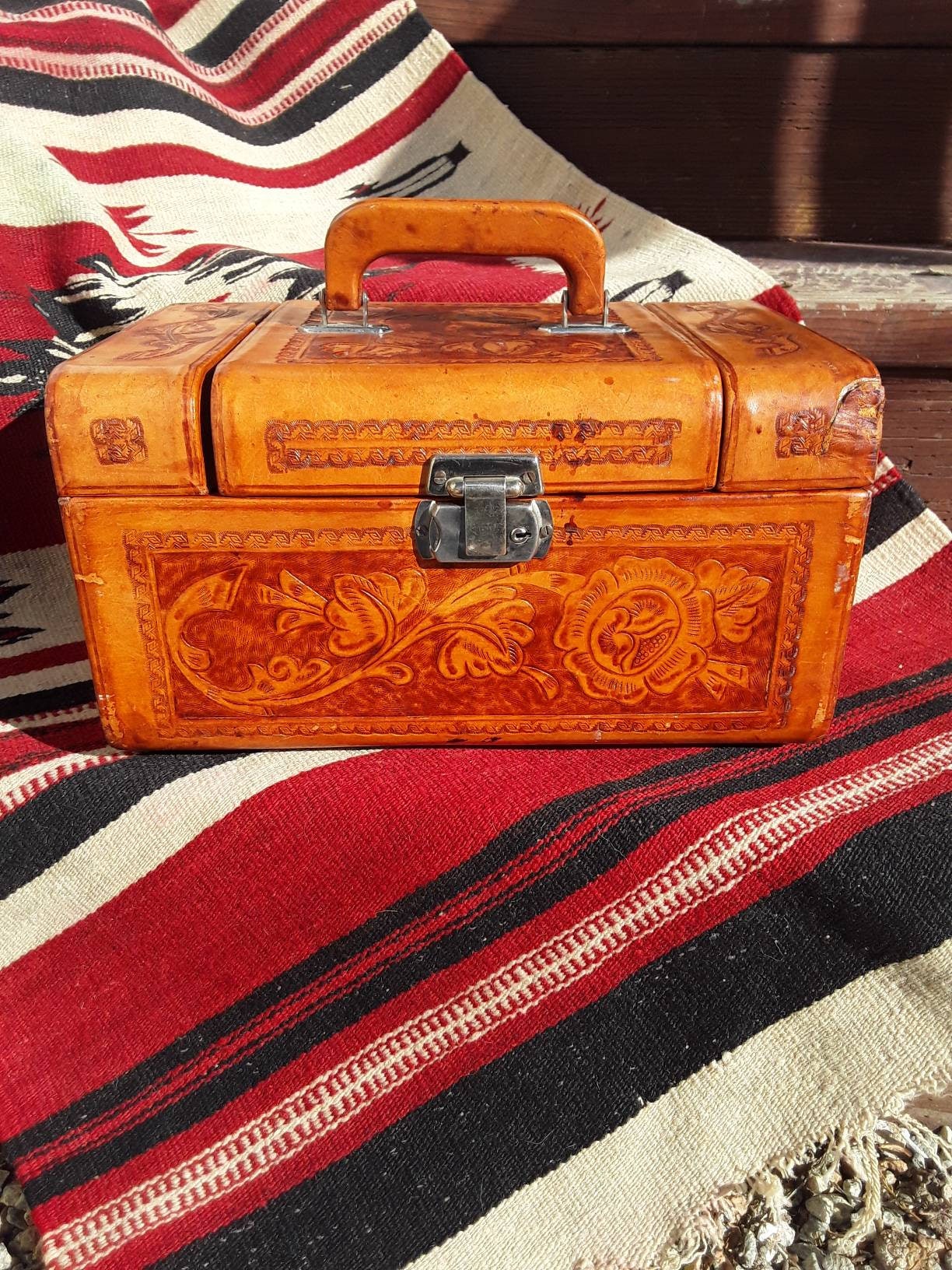 Vintage Tooled Leather Train Case with Key