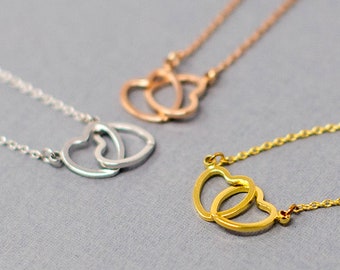 Double Heart Connected Necklace, Gold, Silver, Rose gold, Heart to heart Necklace, Double Heart linked Necklace, Dainty Heart Link Necklace