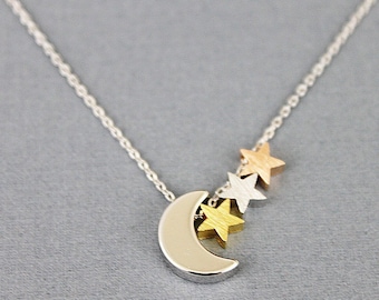 Silver Moon and Tiny 3 Stars Pendant Necklace Simple and Modern Necklace  Dainty Necklace . Gift for Friends . Tiny Charm Necklace