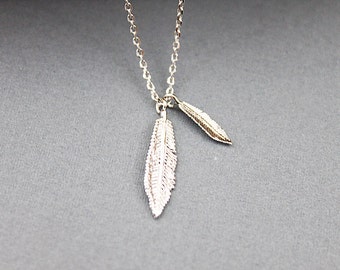 Silver and Gold Two Leaves Pendant Necklace. Dainty Necklace, Bridesmaid Necklace. Simple and Modern Necklace.