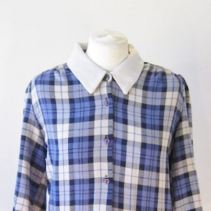 Vintage 1970s blue & white tartan pleated dress, UK size 10, US 8, EU 38