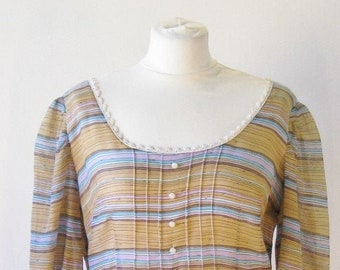 Vintage 1960s stripey beige, blue, purple & brown cotton day dress, UK size 12, US 10, EU 40