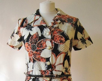 Vintage 1970s 'Japanese' style black, cream & orange belted dress, UK size 10, US 8, EU 38