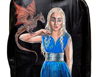 Hand Painted Long Leather Jacket - DAENERYS TARGARYEN and her DRAGON Game of Thrones