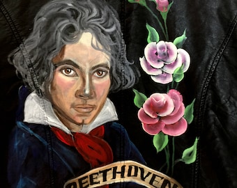 Hand Painted Vegan Leather Moto Jacket - Beethoven - Classical Music Lover