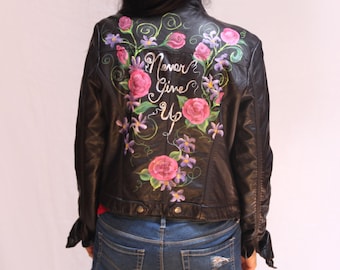 Hand Painted Vegan Leather Moto Jacket - Never Give Up!