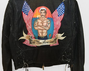 Hand Painted Leather Moto Jacket - Sailor, Patriotic, American, Motorcycle Jacket