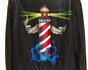SOLD Hand Painted Leather Moto Jacket - Lighthouse, Ocean, Ignite the Darkness Bomber Jacket