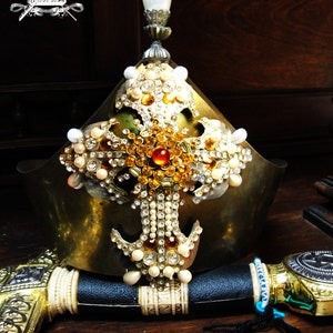 Medieval Crown with Jewels, Pearls and Rhinestones.  Hammered Brass.  Hand made.