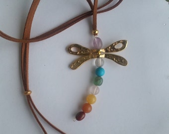 Dragonfly necklace/pendant.Chakras.Yoga necklace.Healing Crystals.Gold Plated Necklace.Gemstones.Boho Chic.Bohemian.symbol of lightness/joy