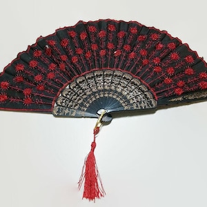 Red Sequin Hand Fan (Black Fabric Folding Fan) * Christmas Gift for Her*