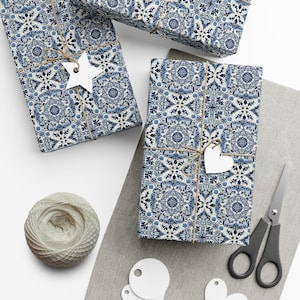 Portuguese Tile Patterned Gift Wrap Papers, Elegant Blue and White Wrapping Paper for Birthdays, Holidays, Weddings, Parties, Eco-Friendly