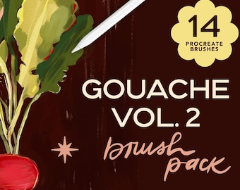 May include: Digital art illustration of a radish with green leaves and the text "GOUACHE VOL. 2 brush pack" on a tablet screen. The image also includes the text "14 PROCREATE BRUSHES" and the artist's name.