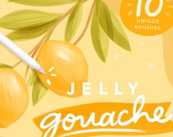 May include: A digital illustration of a Procreate brush pack called "Jelly Gouache" with a yellow background and a branch of leaves with lemons. The text "10 Unique Brushes" is in a yellow circle.