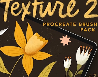 May include: A digital illustration of a tablet with a stylus, featuring a set of 5 unique Procreate brushes called "Texture 2". The illustration includes a yellow flower, white flowers, and green leaves on a dark brown background.