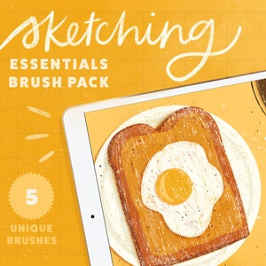 Peut inclure: Une tablette numérique affichant un dessin d'un œuf au plat sur du pain grillé, une poêle avec un œuf au plat et deux œufs cassés sur un fond jaune. Le texte "Sketching Essentials Brush Pack" et "The gladdest thing" sont visibles sur l'image. Le chiffre "5" est entouré d'un cercle et le texte "Unique Brushes" est en dessous du cercle.