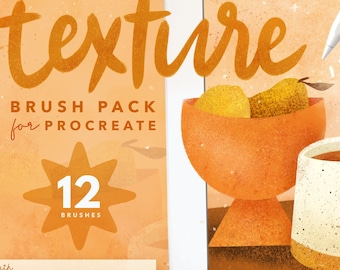 May include: A digital illustration of a tablet screen displaying a still life of a coffee mug, a bowl of fruit, and a coffee pot. The text "texture" is written in a large, stylized font at the top of the image. The text "BRUSH PACK for PROCREATE" is written below the image. The number "12" is displayed in a star shape with the text "BRUSHES" below it. The text "with VIDEO TUTORIAL" is written below the star shape.
