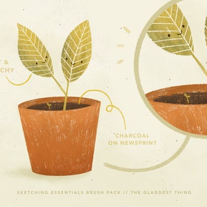 May include: A potted plant with two leaves, each with a smiling face. The leaves are drawn in a soft, scratchy style, and the pot is a terracotta color. The text "SOFT & SCRATCHY" is written above the plant, and the text "CHARCOAL ON NEWSPRINT" is written below the plant. The text "SKETCHING ESSENTIALS BRUSH PACK // THE GLADDEST THING" is written at the bottom of the image.