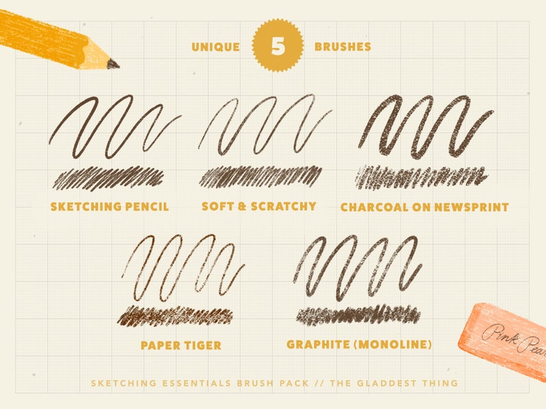 May include: Five unique sketching brushes, including "Sketching Pencil", "Soft & Scratchy", "Charcoal on Newsprint", "Paper Tiger", and "Graphite (Monoline)". The brushes are shown on a grid background with a pencil and eraser.