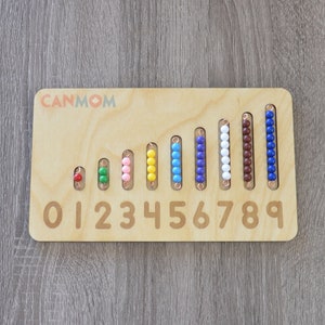 May include: Wooden counting board with colorful beads representing numbers 0 through 9. The beads are red, green, pink, yellow, blue, purple, white, brown, and blue.