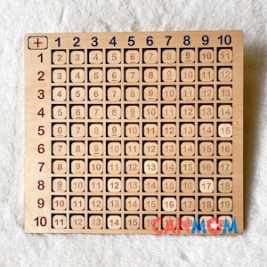 May include: Wooden addition board with a grid of numbers from 1 to 10. The board has a plus sign in the top left corner and is made of light brown wood.