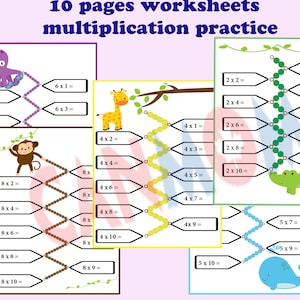 May include: Ten printable worksheets for practicing multiplication facts. Each worksheet features a different animal and a chain of beads with multiplication problems. The problems include 2x1, 2x2, 2x3, 2x4, 2x5, 2x6, 2x7, 2x8, 2x9, 2x10, 4x1, 4x2, 4x3, 4x4, 4x5, 4x6, 4x7, 4x8, 4x9, 4x10, 5x7, 5x8, 5x9, 5x10, 6x1, 6x2, 6x3, 6x4, 6x6, 6x8, 8x2, 8x4, 8x6, 8x8, 8x9, 8x10.