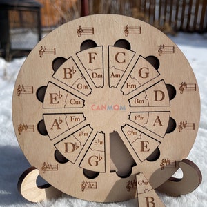 Puede incluir: Un rompecabezas de madera en forma de c&iacute;rculo con 12 piezas, cada una etiquetada con una nota musical y un acorde. Las piezas est&aacute;n dispuestas en un c&iacute;rculo, y el rompecabezas est&aacute; dise&ntilde;ado para ayudar a los m&uacute;sicos a aprender sobre acordes y escalas. El rompecabezas est&aacute; hecho de madera clara y tiene un acabado natural.