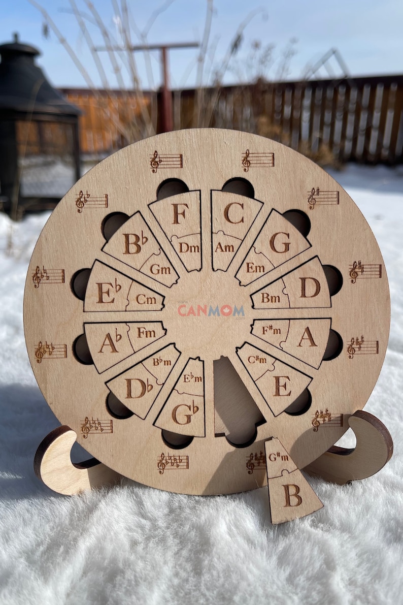 Puede incluir: Un rompecabezas de madera en forma de c&iacute;rculo con 12 piezas, cada una etiquetada con una nota musical y un acorde. Las piezas est&aacute;n dispuestas en un c&iacute;rculo, y el rompecabezas est&aacute; dise&ntilde;ado para ayudar a los m&uacute;sicos a aprender sobre acordes y escalas. El rompecabezas est&aacute; hecho de madera clara y tiene un acabado natural.