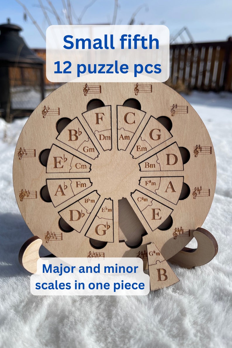 Puede incluir: Un rompecabezas de madera en forma de c&iacute;rculo con 12 piezas. Cada pieza tiene una nota musical y una letra. El rompecabezas est&aacute; etiquetado como "Small fifth 12 puzzle pcs" y "Major and minor scales in one piece".