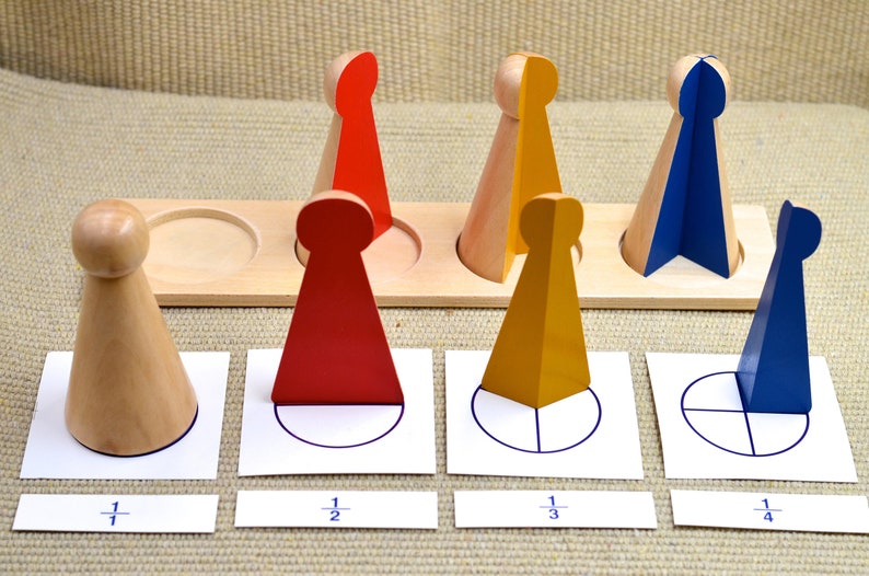 Montessori learning fraction math toy with pictures and symbol cards
