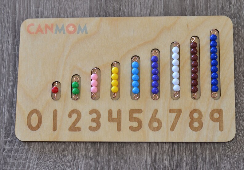 May include: Wooden counting board with rows of colored beads representing numbers 1 through 9. The beads are red, green, pink, yellow, blue, purple, white, brown, and blue. The numbers 0 through 9 are printed below the rows of beads.