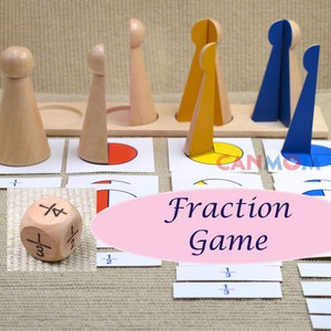 Jeu d'apprentissage des fractions Montessori avec des dés en bois, des images et des cartes symboliques / Sac de mathématiques pour enfants / Cadeau pour enfants