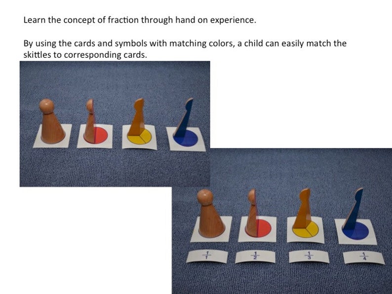 Montessori learning fraction math toy with pictures and symbol cards