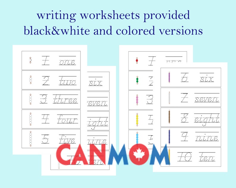 May include: Black and white and color printable worksheets for learning to write numbers 1 through 10. Each number is shown with a corresponding number of beads.