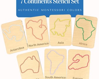 May include: A 7 Continents Stencil Set featuring seven rectangular wooden cards with continent outlines in authentic Montessori colors. Each card is labeled with the continent name, including Antarctica, North America, Asia, Africa, Australia, South America, and Europe. The set includes a blue header card with white text reading 7 Continents Stencil Set and Authentic Montessori Colors.