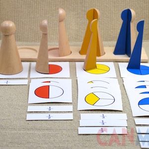 Rompecabezas de fracciones Montessori con tarjetas / Juguete de aprendizaje de fracciones matemáticas con imágenes y tarjetas con símbolos / Bolsa de actividades matemáticas / Regalo para niños