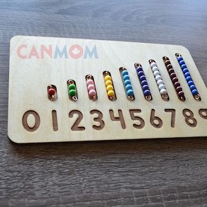 May include: Wooden counting board with colorful beads on wires. The board has numbers 0-9 printed on it. The beads are red, green, pink, yellow, blue, purple, white, brown, and light blue.