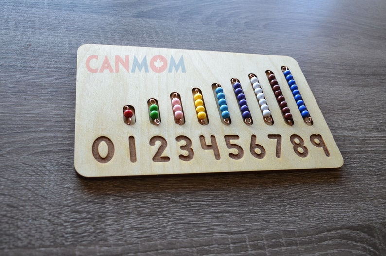 May include: Wooden counting board with colorful beads on wires. The board has numbers 0-9 printed on it. The beads are red, green, pink, yellow, blue, purple, white, brown, and light blue.