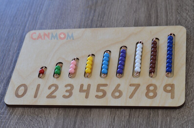May include: Wooden counting board with rows of colorful beads representing numbers 1 through 9. The board has the numbers 0 through 9 printed on it.