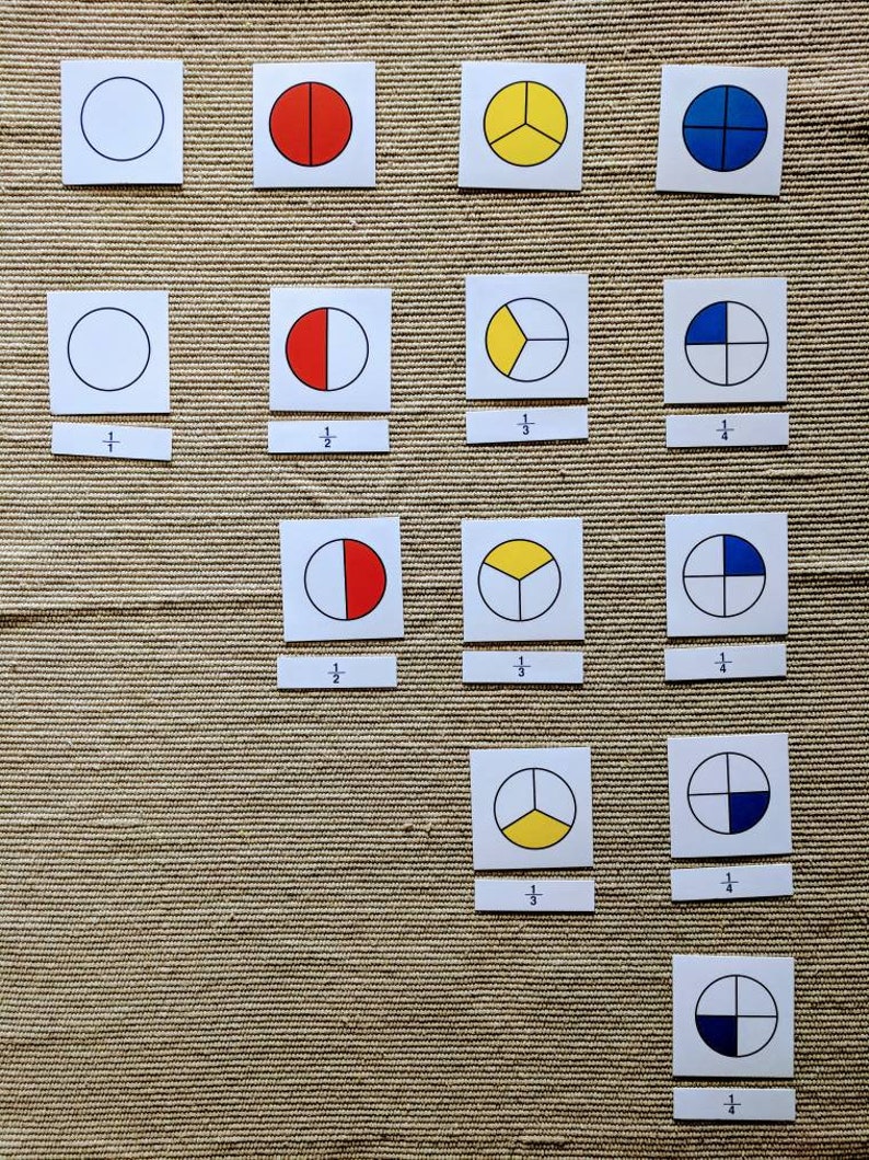 Montessori learning fraction math toy with pictures and symbol cards