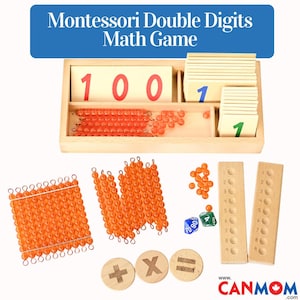 May include: A Montessori double digits math game set featuring a wooden tray with numbered cards, orange bead bars, loose orange beads, two wooden counting boards with holes, three wooden discs with math symbols, and two multi-sided dice.