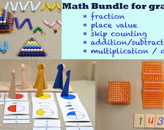 Montessori Math learning bundle / Montessori toys / fraction / skip counting / times table / homeschool / place value /  gift for children