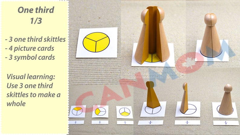 Montessori learning fraction math toy with pictures and symbol cards
